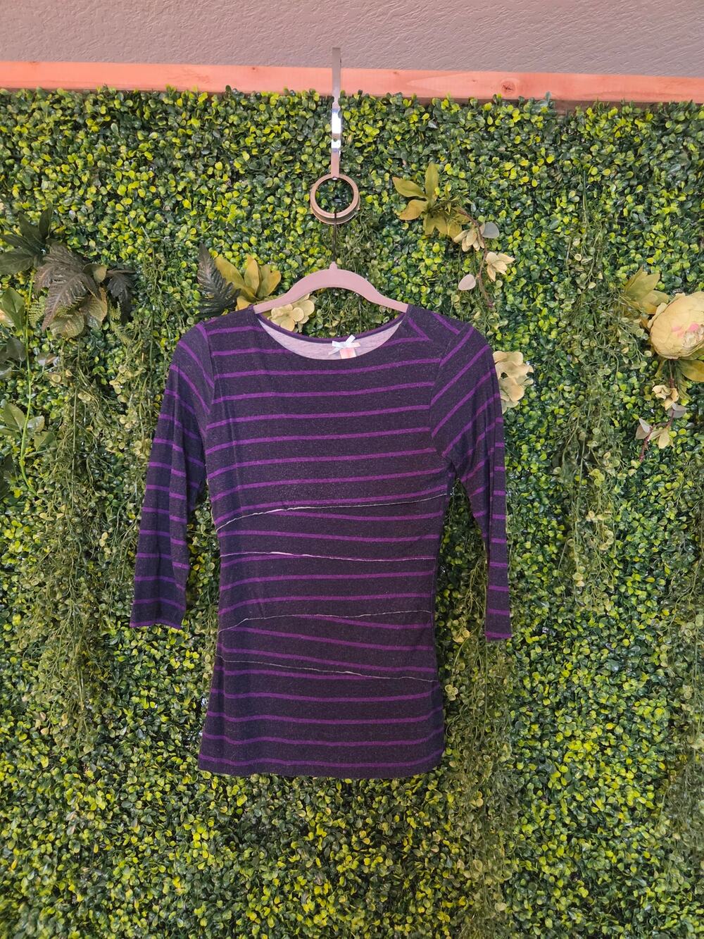 DownEast Basics purple and charcoal grey striped top, XS